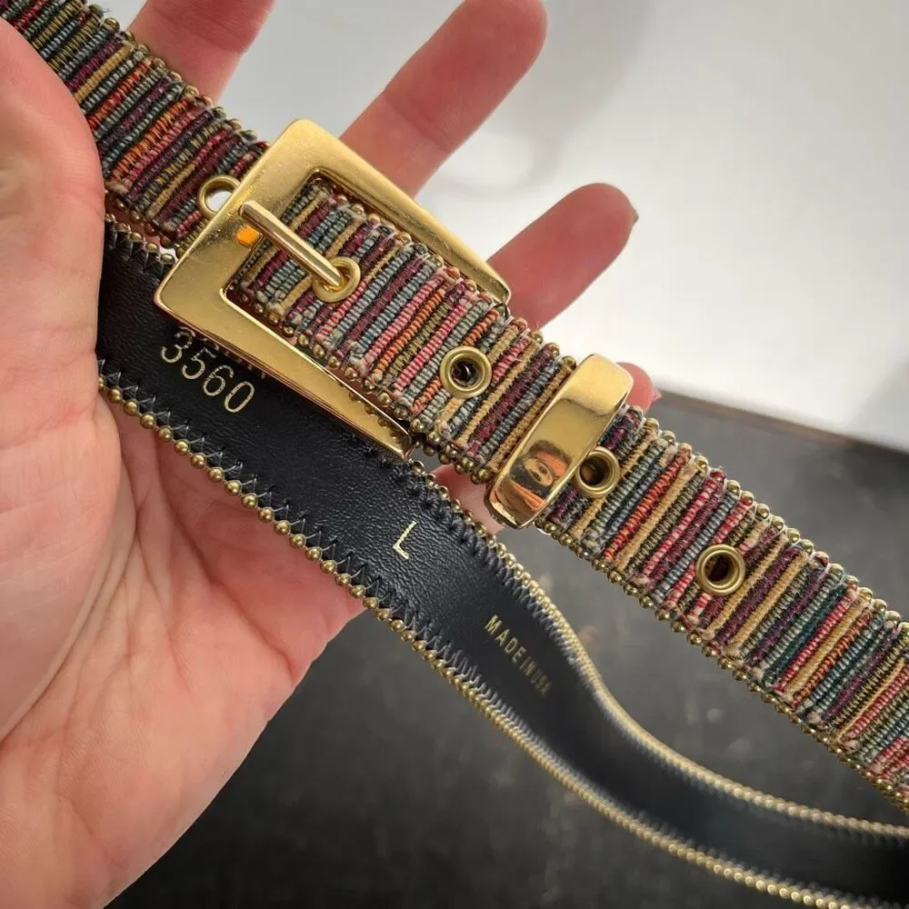 Vintage Woven Stripe Belt Gold Buckle Deadstock 30–34” Size L USA